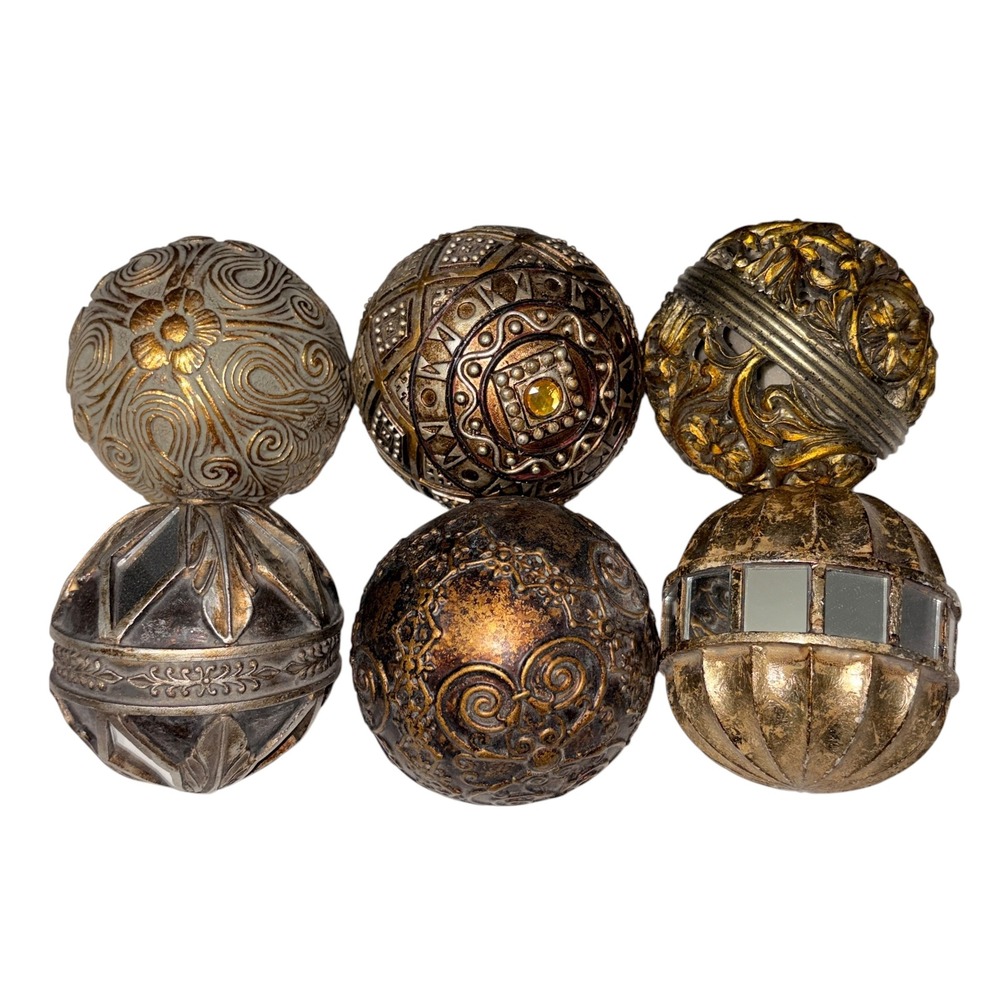 Set of 6 Decorative Orbs Mixed Metallic Gold Silver Bronze Mirror Bowl Fillers